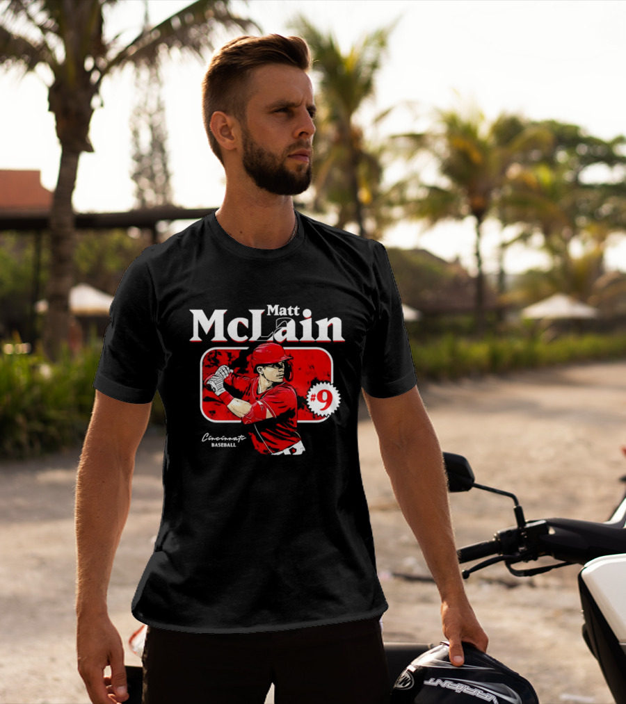 Matt McLain Cincinnati Baseball Number 9 Batter Stance Red Frame T-Shirt
