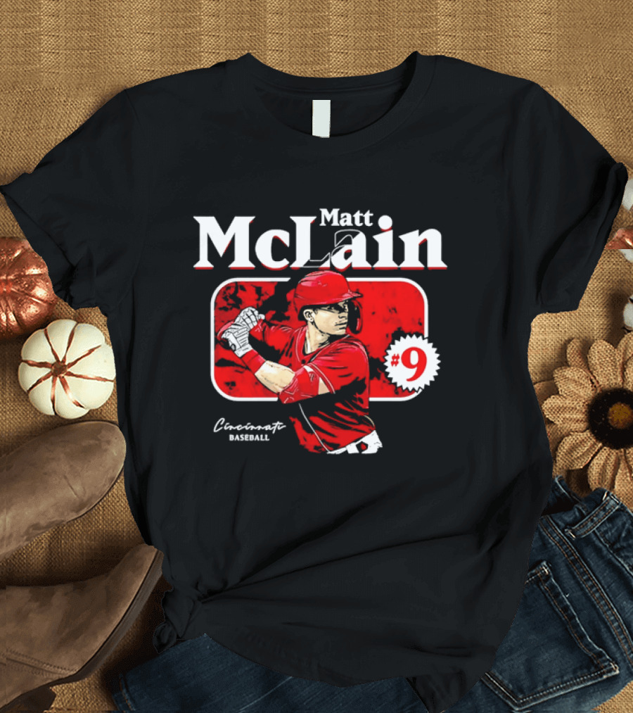 Matt McLain Cincinnati Baseball Number 9 Batter Stance Red Frame T-Shirt