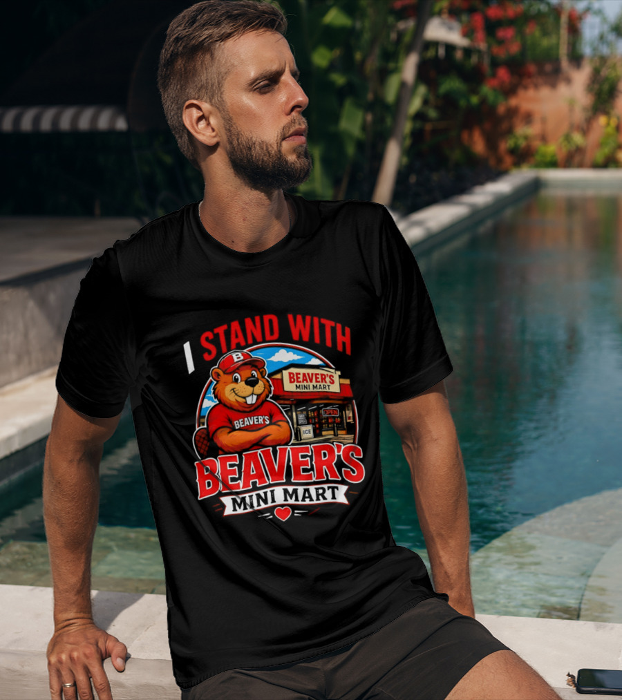 I Stand With Beaver's Mini Mart Cartoon Character Storefront T-Shirt