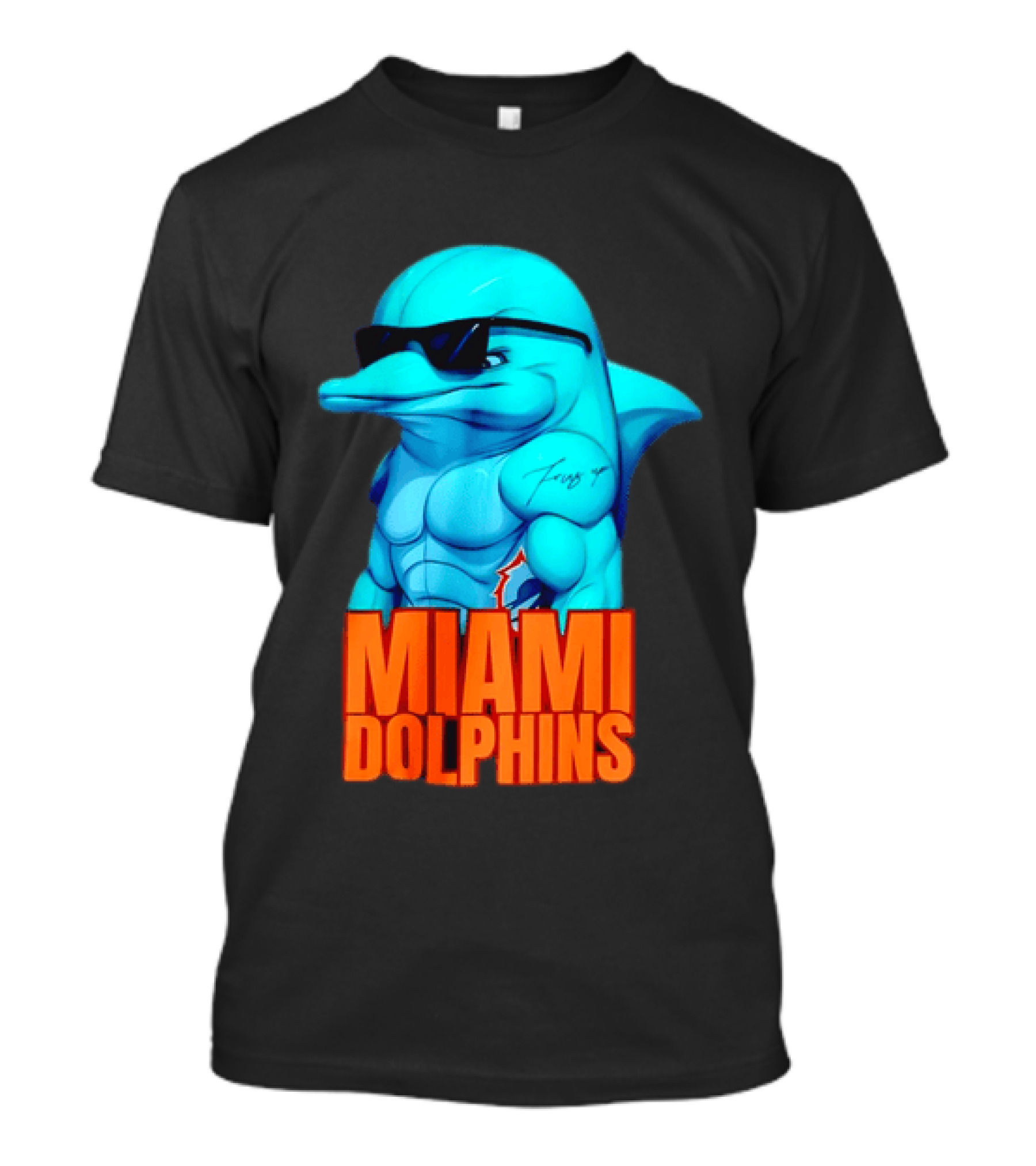 Miami Dolphins Fins Up Muscular Cartoon Sunglasses Tattoo T-Shirt