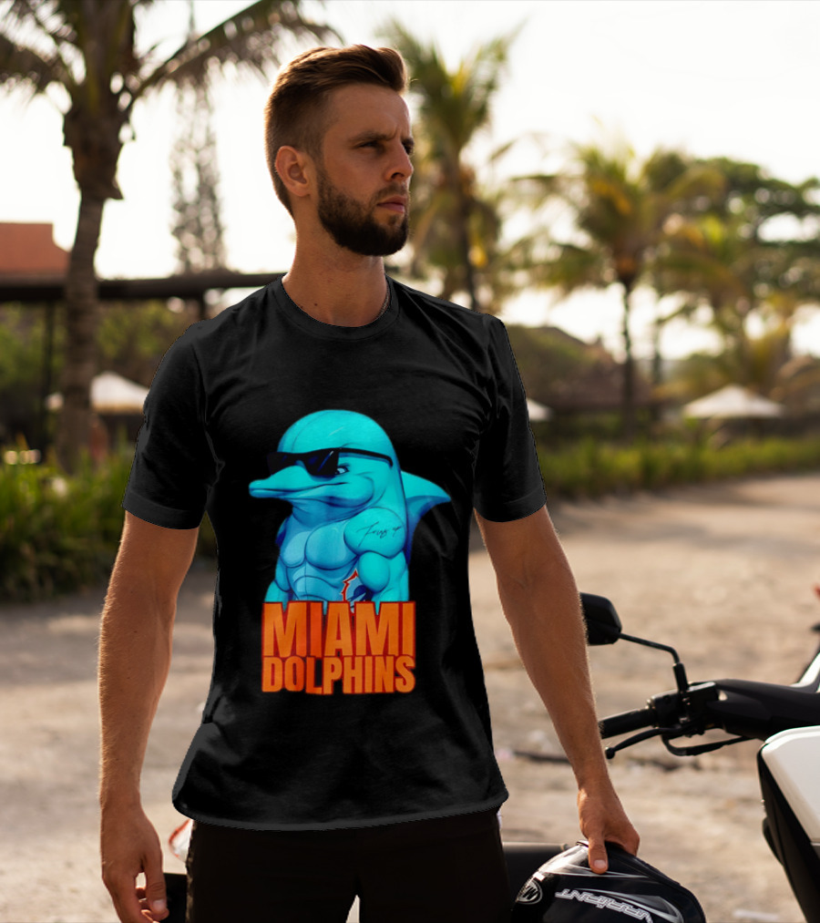 Miami Dolphins Fins Up Muscular Cartoon Sunglasses Tattoo T-Shirt