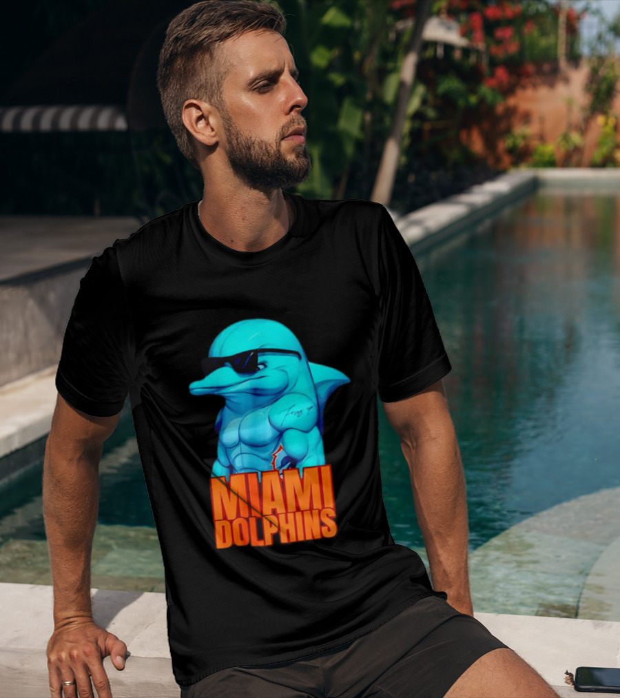 Miami Dolphins Fins Up Muscular Cartoon Sunglasses Tattoo T-Shirt