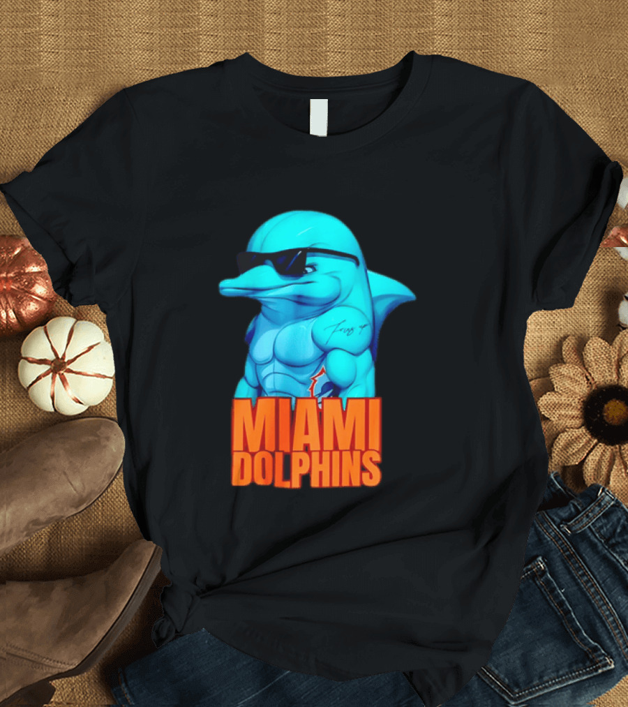 Miami Dolphins Fins Up Muscular Cartoon Sunglasses Tattoo T-Shirt