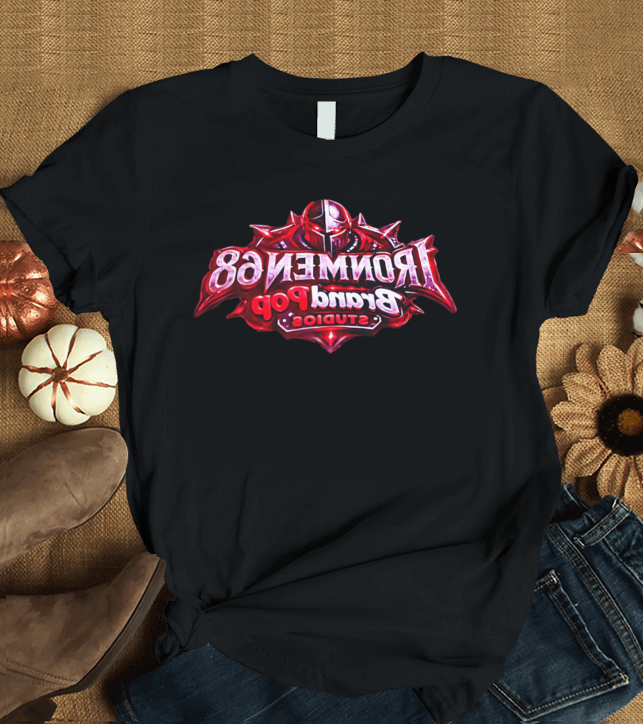 Ironmen 68 Brand Pop Studios Armored Knight Helmet Red Glowing Eyes T-Shirt