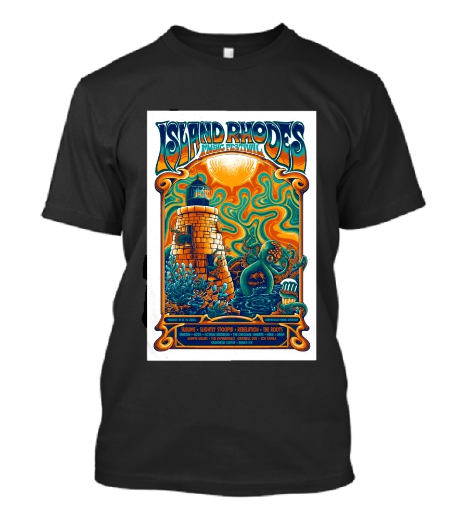 Island Rhodes Music Festival 2026 Lighthouse Octopus Art Pawtucket Rhode Island Sublime Slightly Stoopid August 15 16 T-Shirt