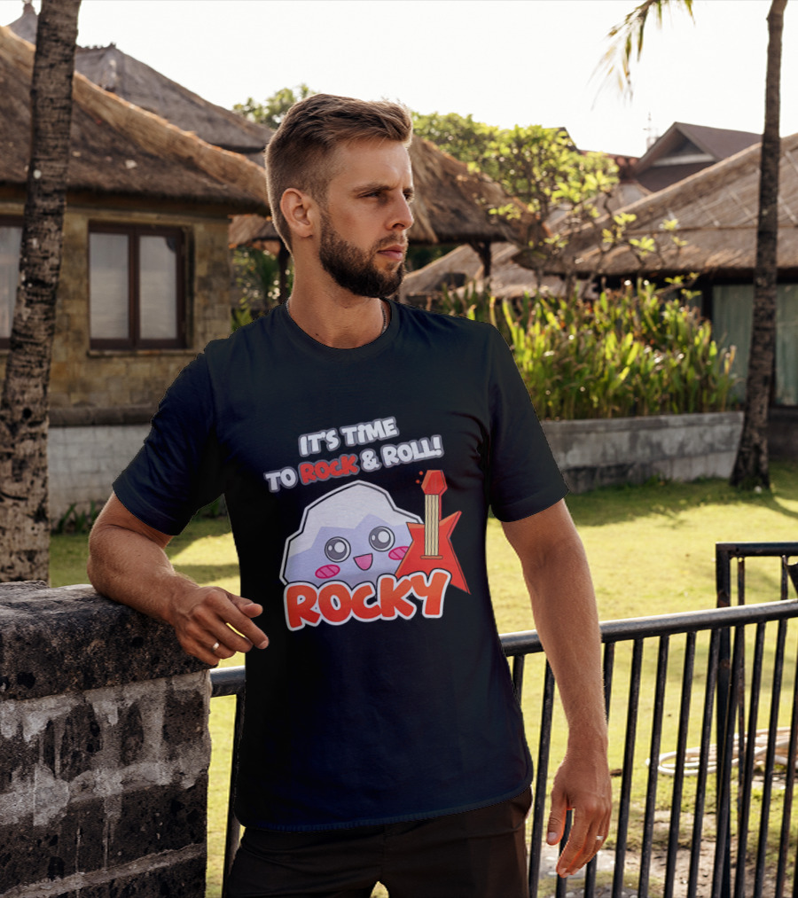 It's Time To Rock And Roll Rocky Rock With Guitar Cute Cartoon T-Shirt