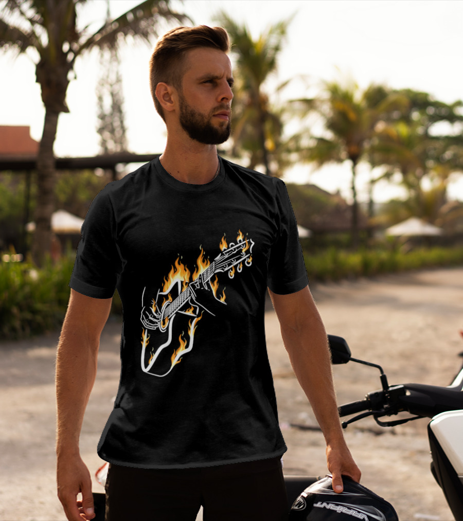 Musician Hands Flaming Acoustic Guitar White Line Artistry T-Shirt