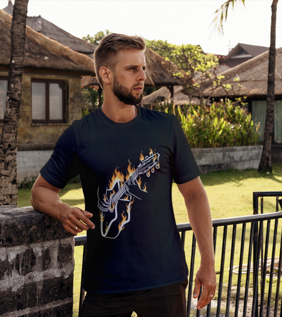 Musician Hands Flaming Acoustic Guitar White Line Artistry T-Shirt