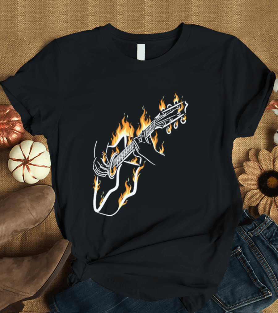 Musician Hands Flaming Acoustic Guitar White Line Artistry T-Shirt