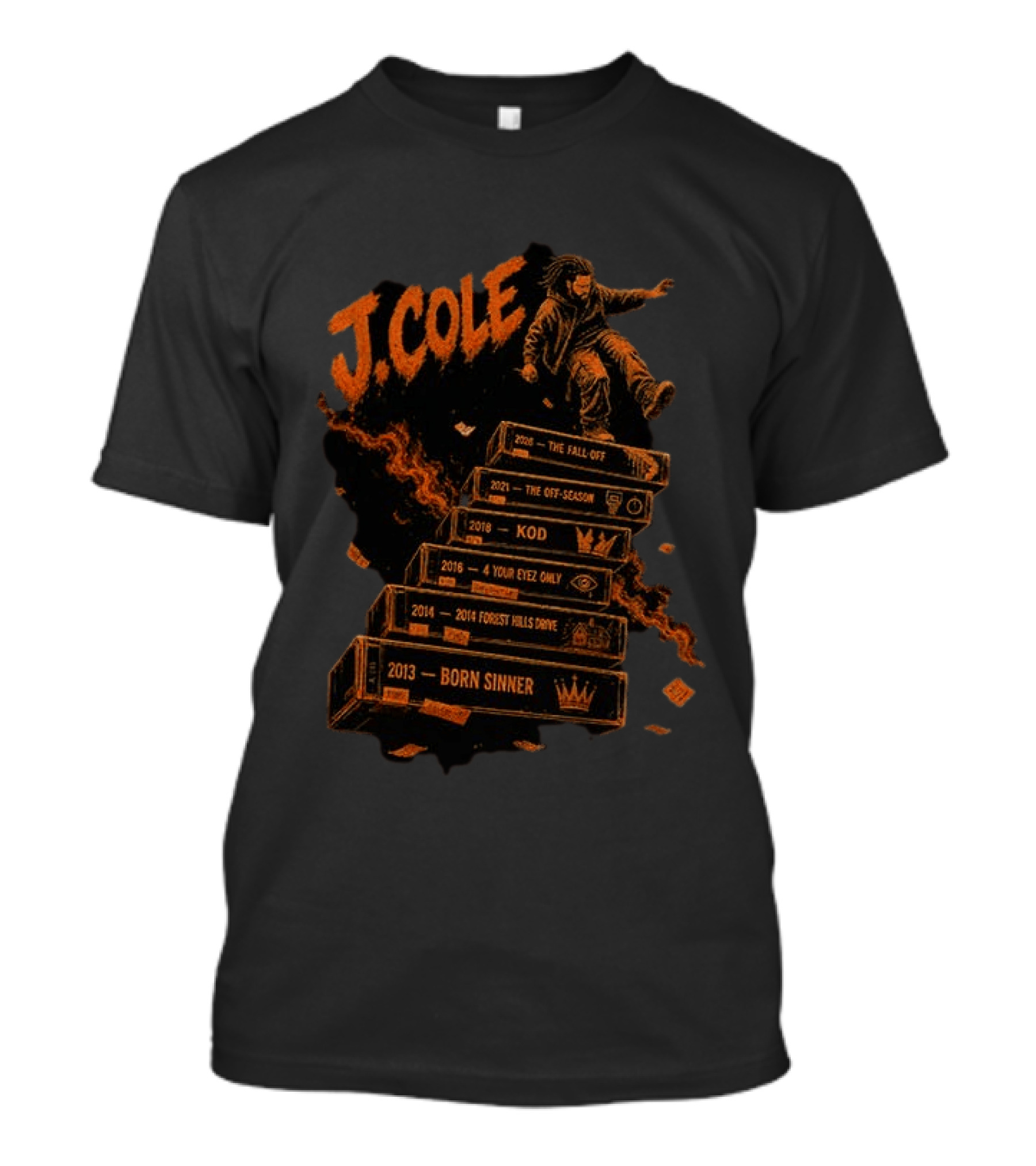 J Cole The Fall Off Tour 2013 Born Sinner 2014 Forest Hills Drive 2016 4 Your Eyez Only KOD 2021 The Off Season Hip Hop Rap Music T-Shirt