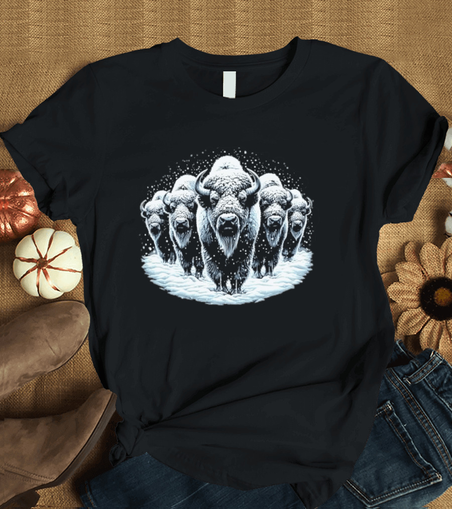 Five Snowbound American Bison Herd Winter Blizzard Snowdrift T-Shirt