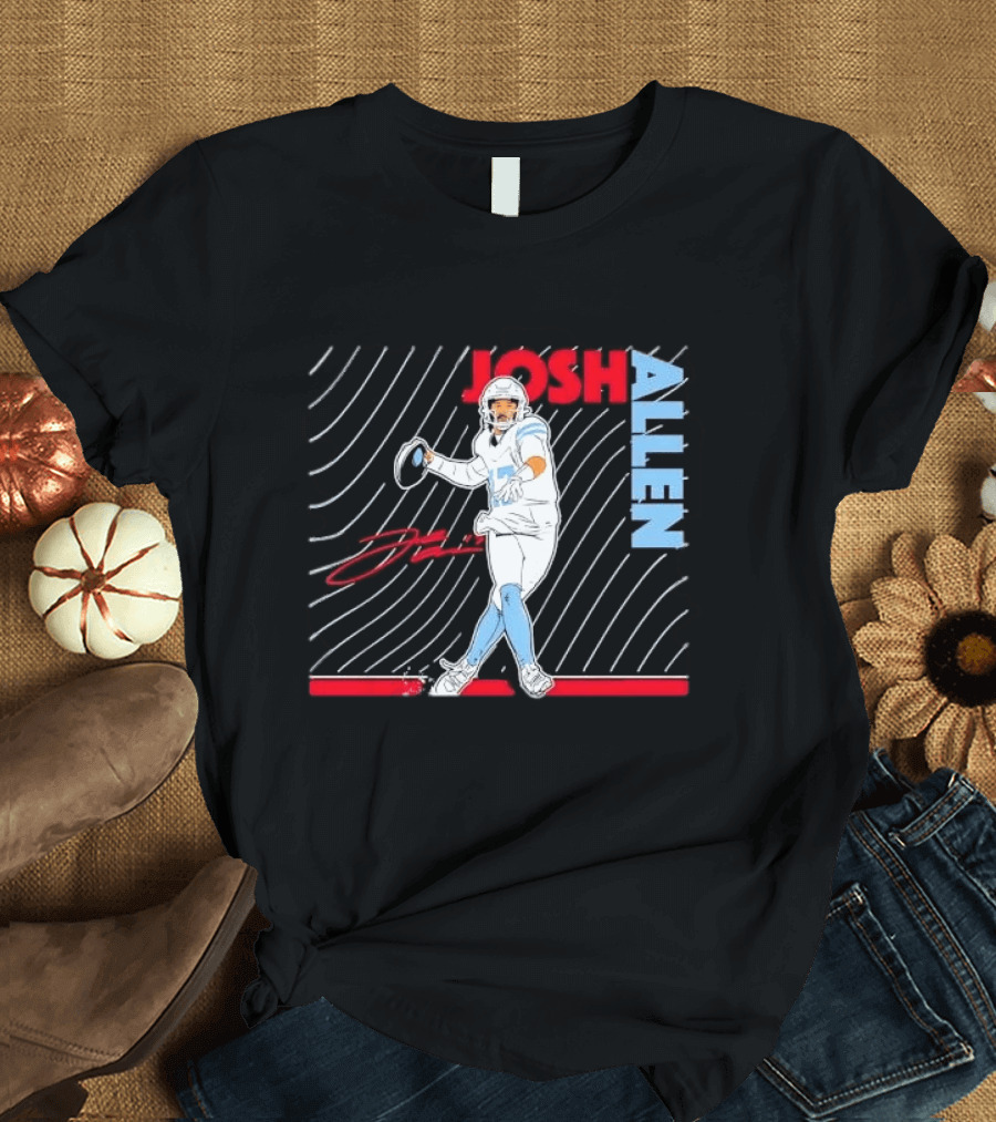 Josh Allen Quarterback Throwing Football Wavy Line Illustration With Bold Name T-Shirt