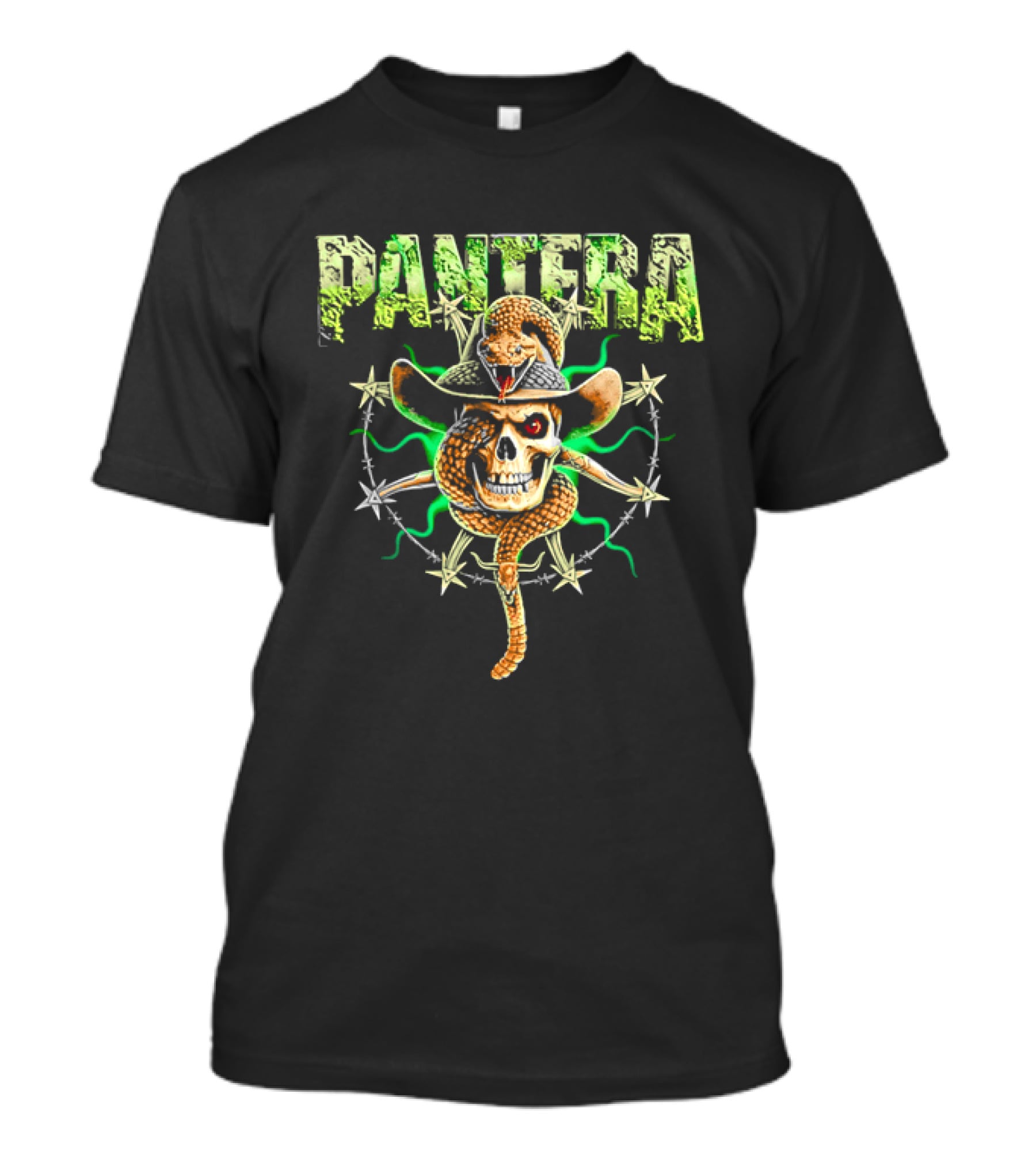 Pantera Rattlesnake Coiled Skull Cowboy Hat Green Glow T-Shirt