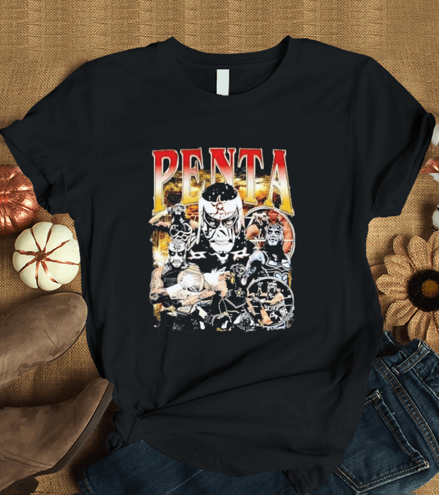 Penta Masked Luchador Wrestler Belt Photo Collage Bootleg T-Shirt