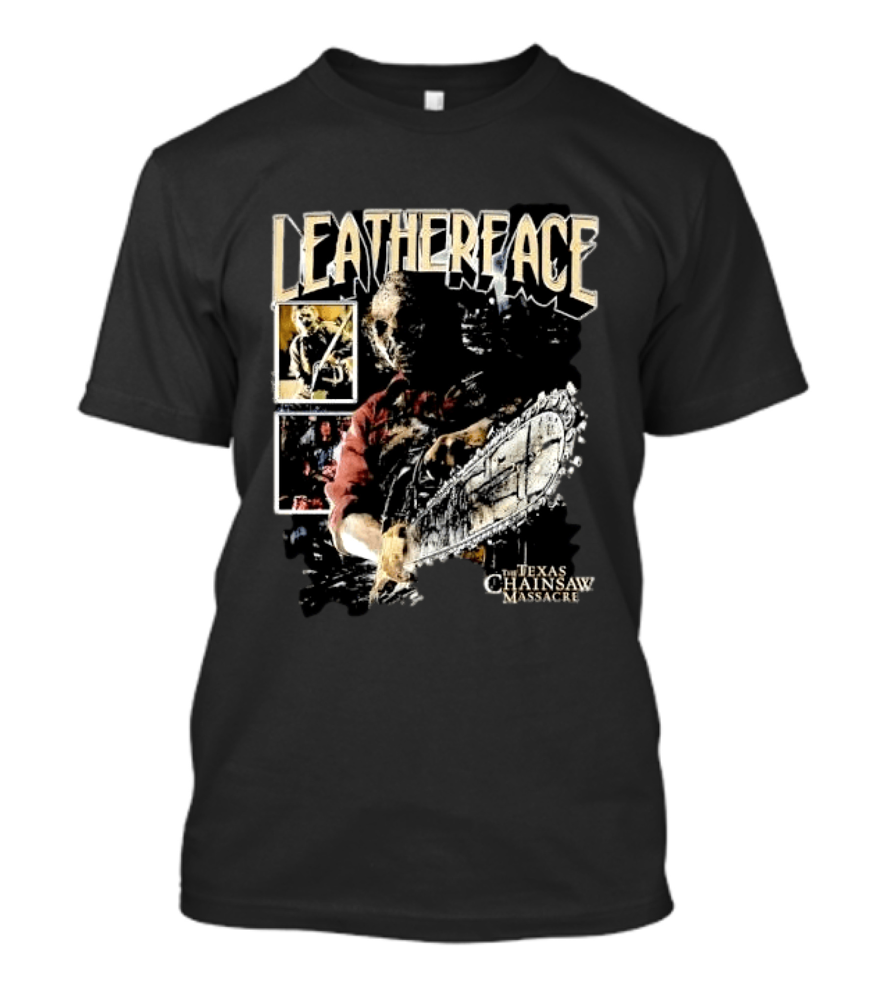 Leatherface Texas Chainsaw Massacre Horror Collage Holding Saw T-Shirt