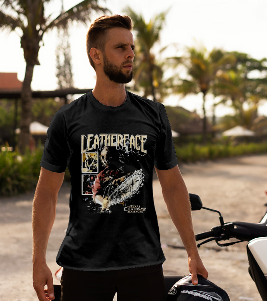 Leatherface Texas Chainsaw Massacre Horror Collage Holding Saw T-Shirt