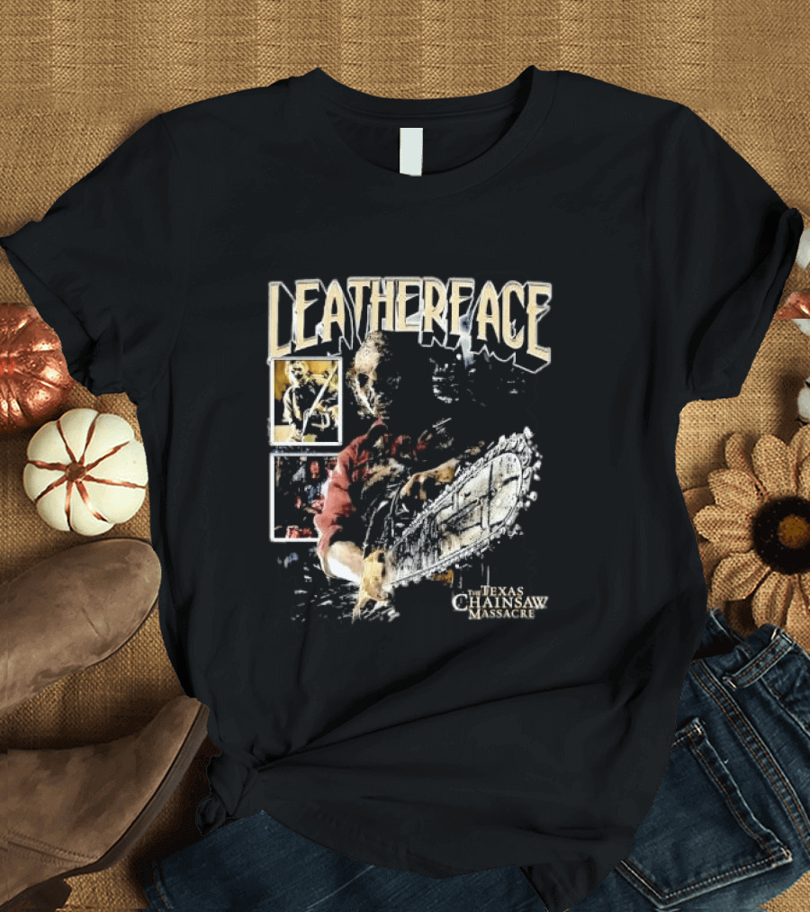 Leatherface Texas Chainsaw Massacre Horror Collage Holding Saw T-Shirt