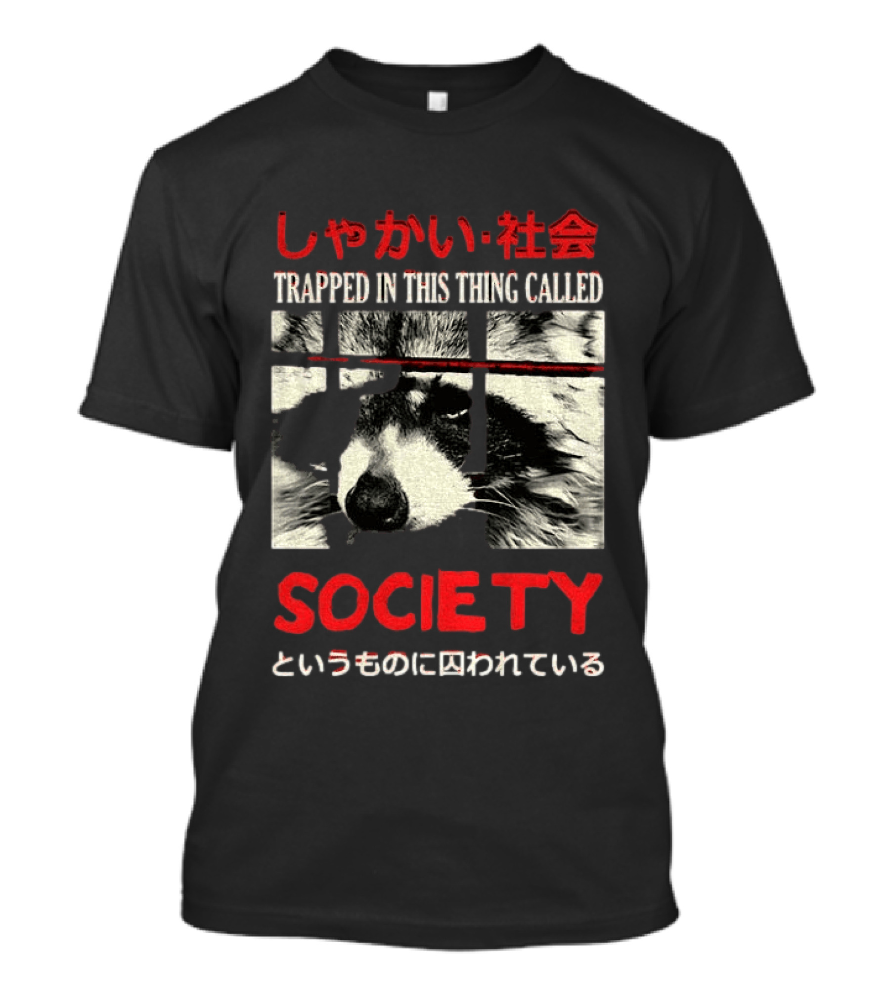 Japanese Text Raccoon Trapped In This Thing Called Society T-Shirt