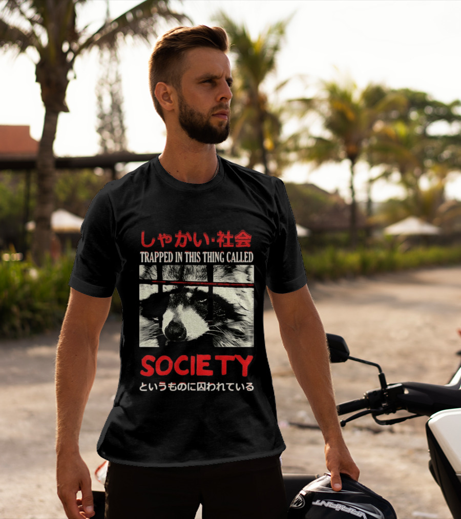 Japanese Text Raccoon Trapped In This Thing Called Society T-Shirt