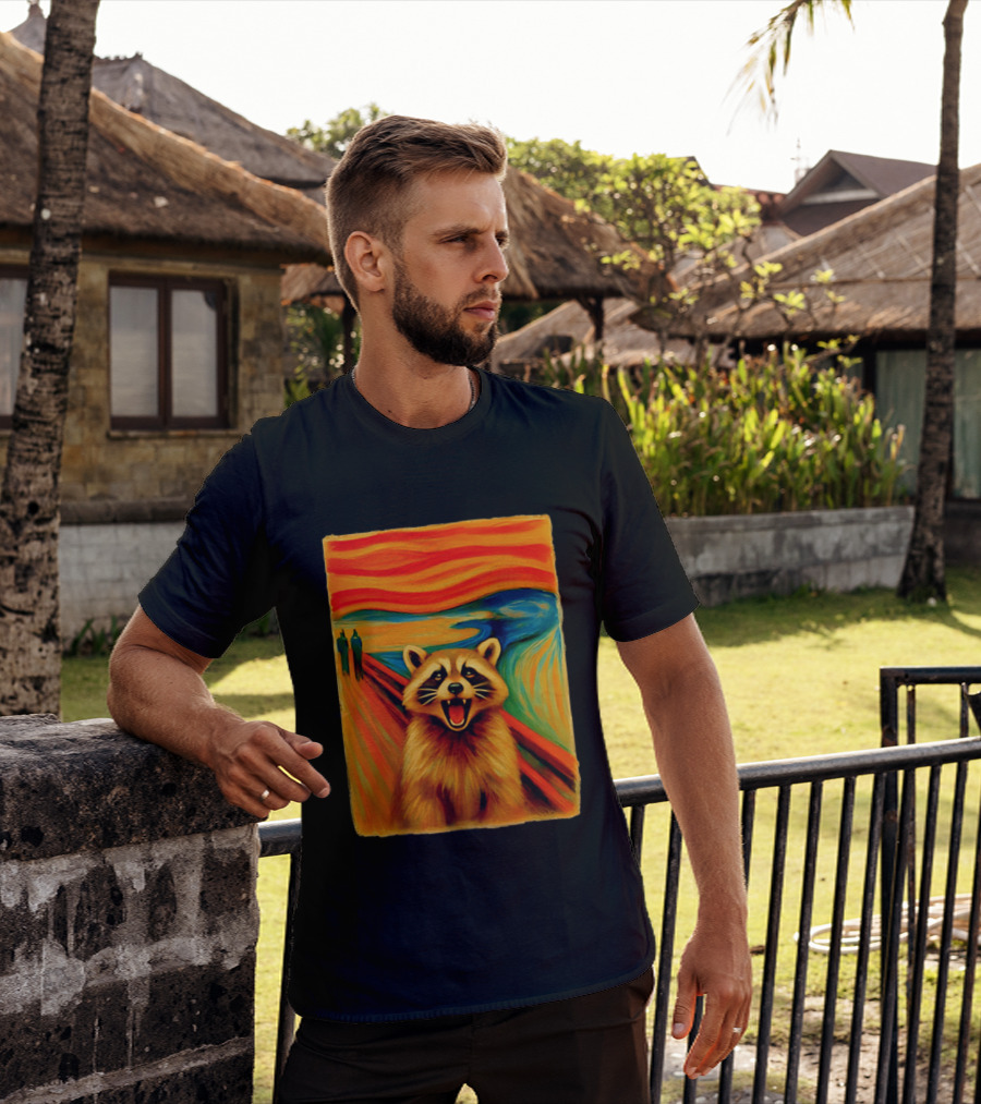 Raccoon The Scream Edvard Munch Painting Mashup T-Shirt