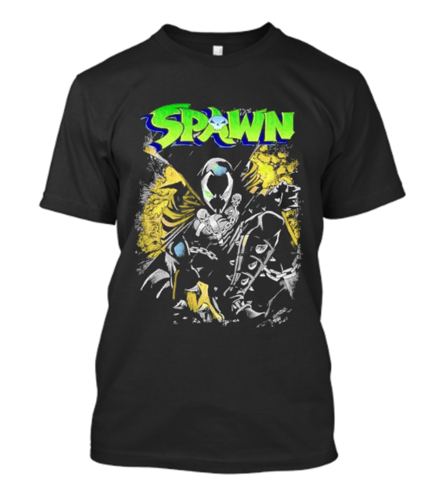 Spawn Crouching Superhero Chains Cape Distressed Comics T-Shirt