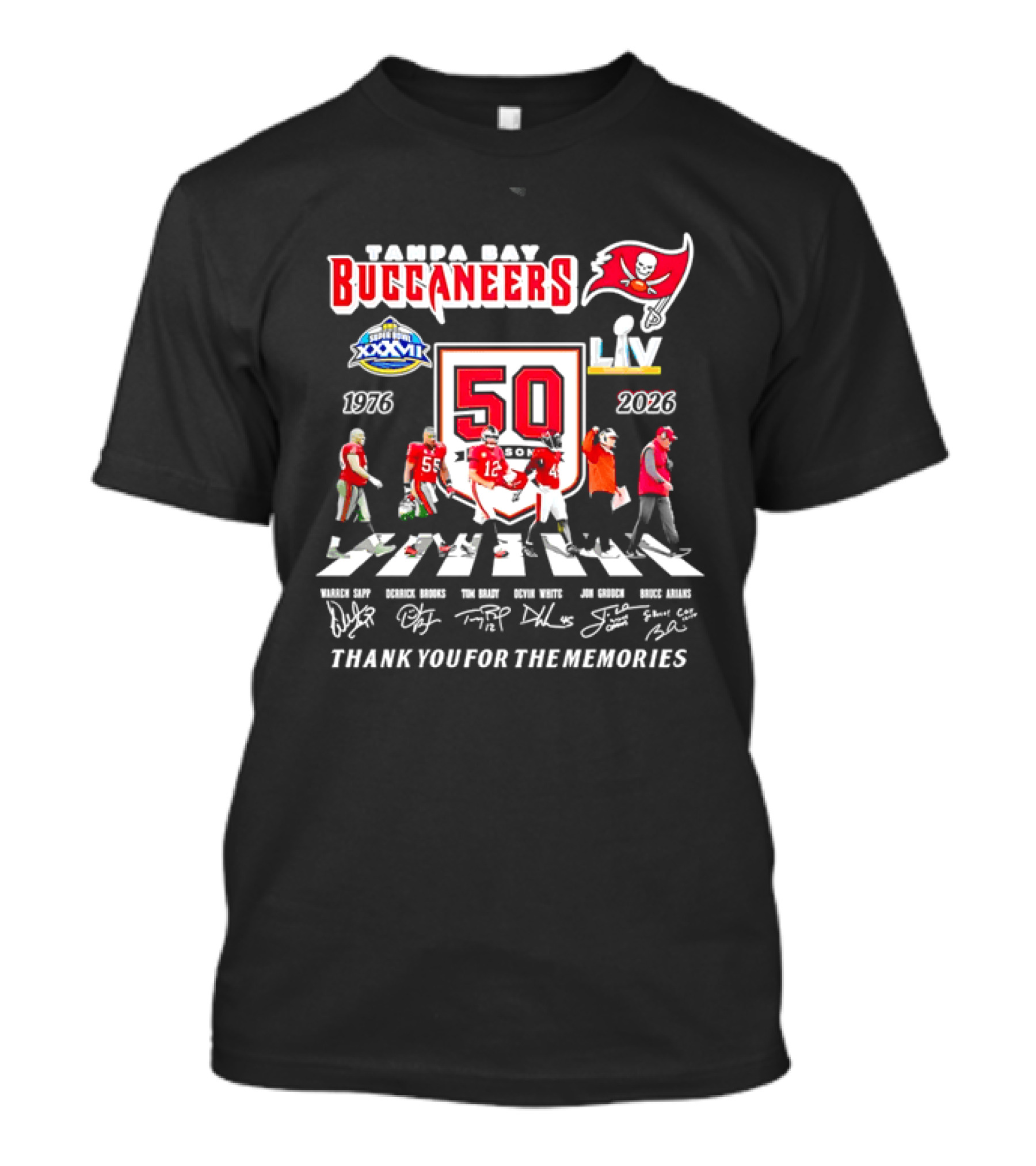 Tampa Bay Buccaneers 50th Anniversary Thank You For The Memories Warren Sapp Derrick Brooks Abbey Road Crosswalk 1976 2026 T-Shirt