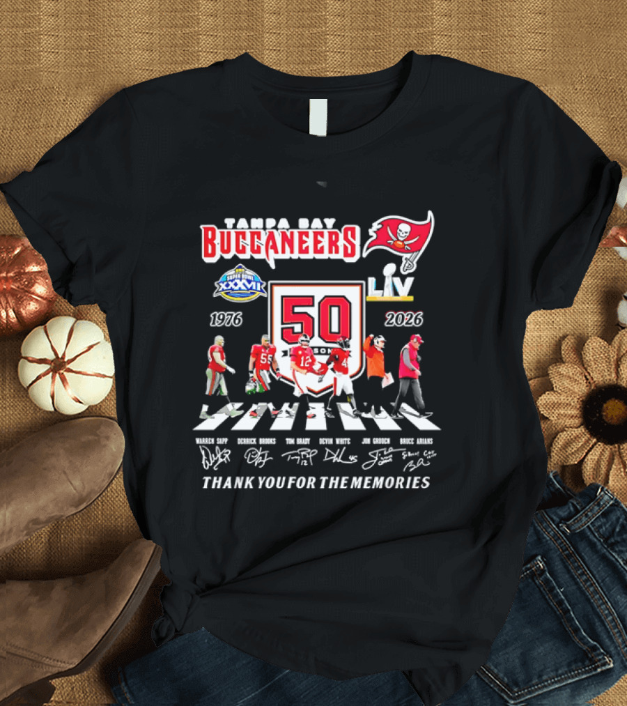 Tampa Bay Buccaneers 50th Anniversary Thank You For The Memories Warren Sapp Derrick Brooks Abbey Road Crosswalk 1976 2026 T-Shirt