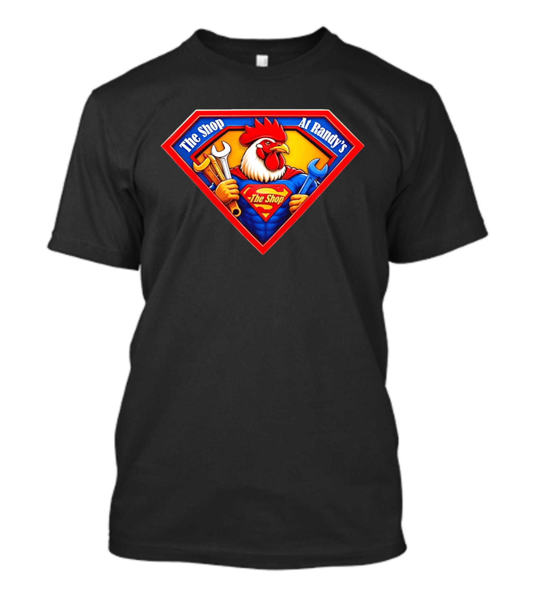 The Shop At Randy's Cartoon Rooster Superhero Wrenches Crest T-Shirt