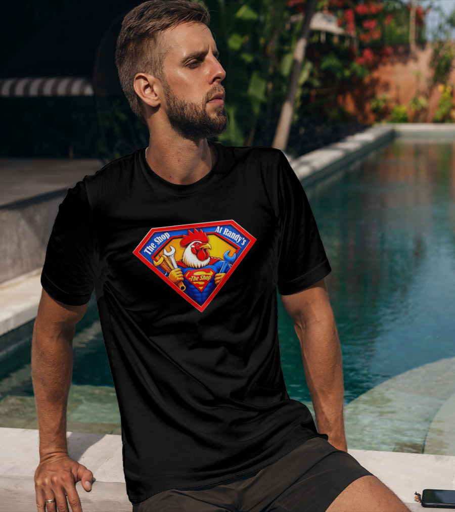 The Shop At Randy's Cartoon Rooster Superhero Wrenches Crest T-Shirt