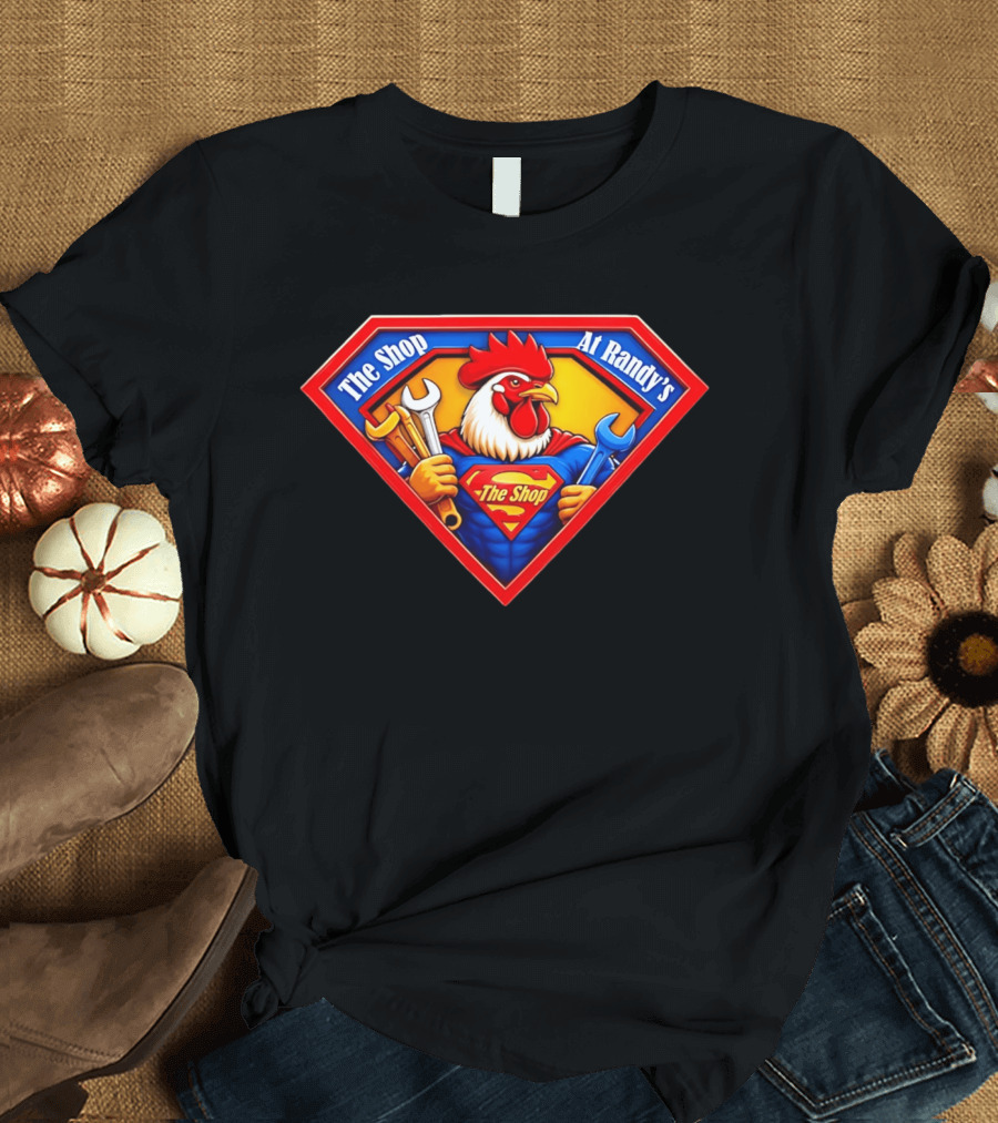 The Shop At Randy's Cartoon Rooster Superhero Wrenches Crest T-Shirt