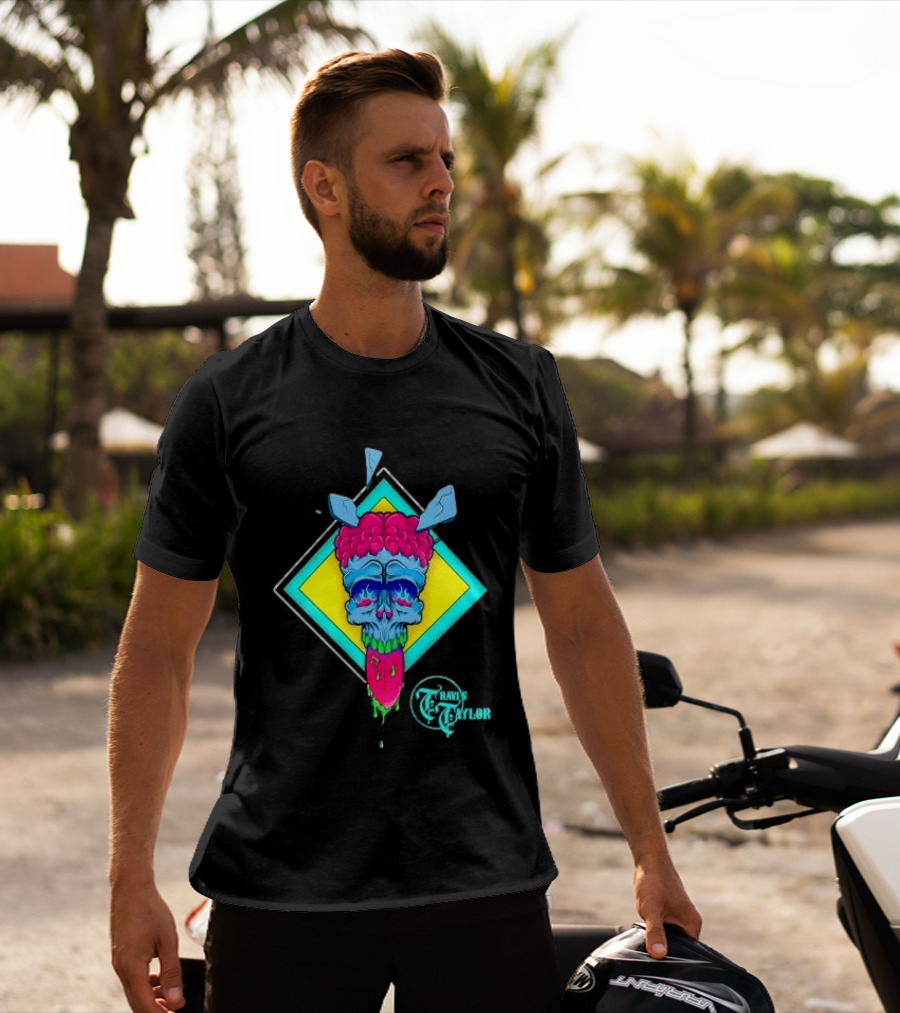 Travis Taylor Neon Skull Pink Brain Green Slime Tongue Diamond Geometric T-Shirt