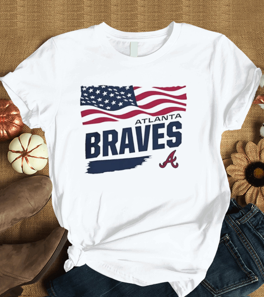 Atlanta Braves Waving American Flag Brushstroke MLB T-Shirt