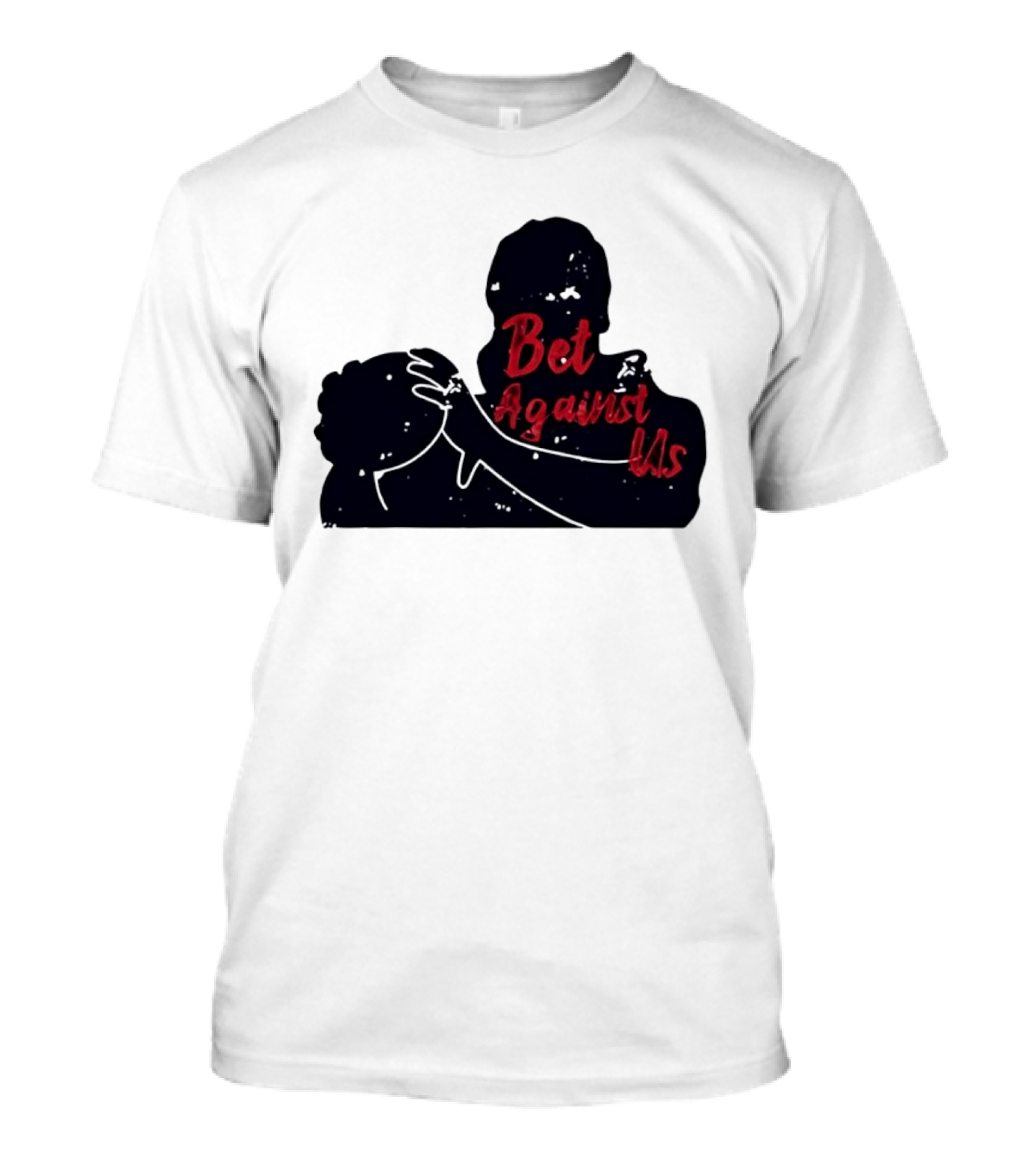 Bet Against Us Red Script Embracing Figures White Line T-Shirt