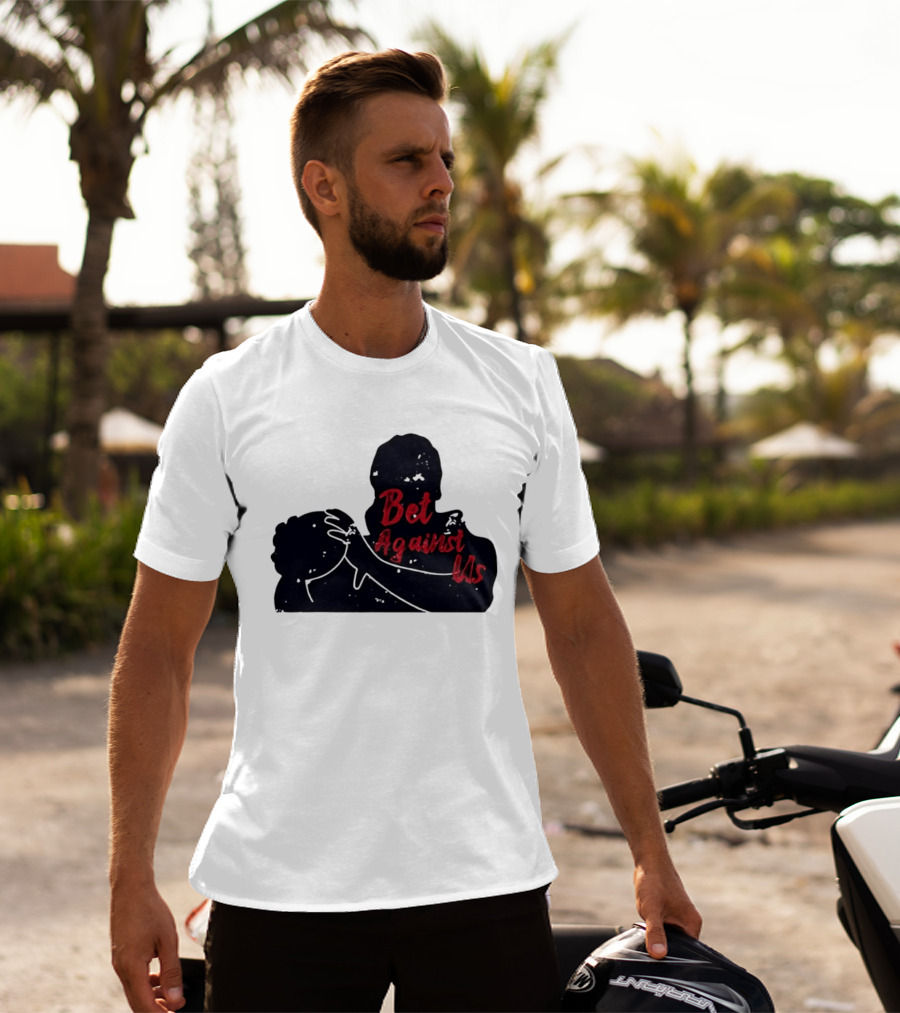 Bet Against Us Red Script Embracing Figures White Line T-Shirt