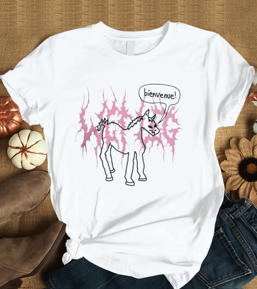 Bienvenue Cartoon Horned Unicorn Pink Flames T-Shirt