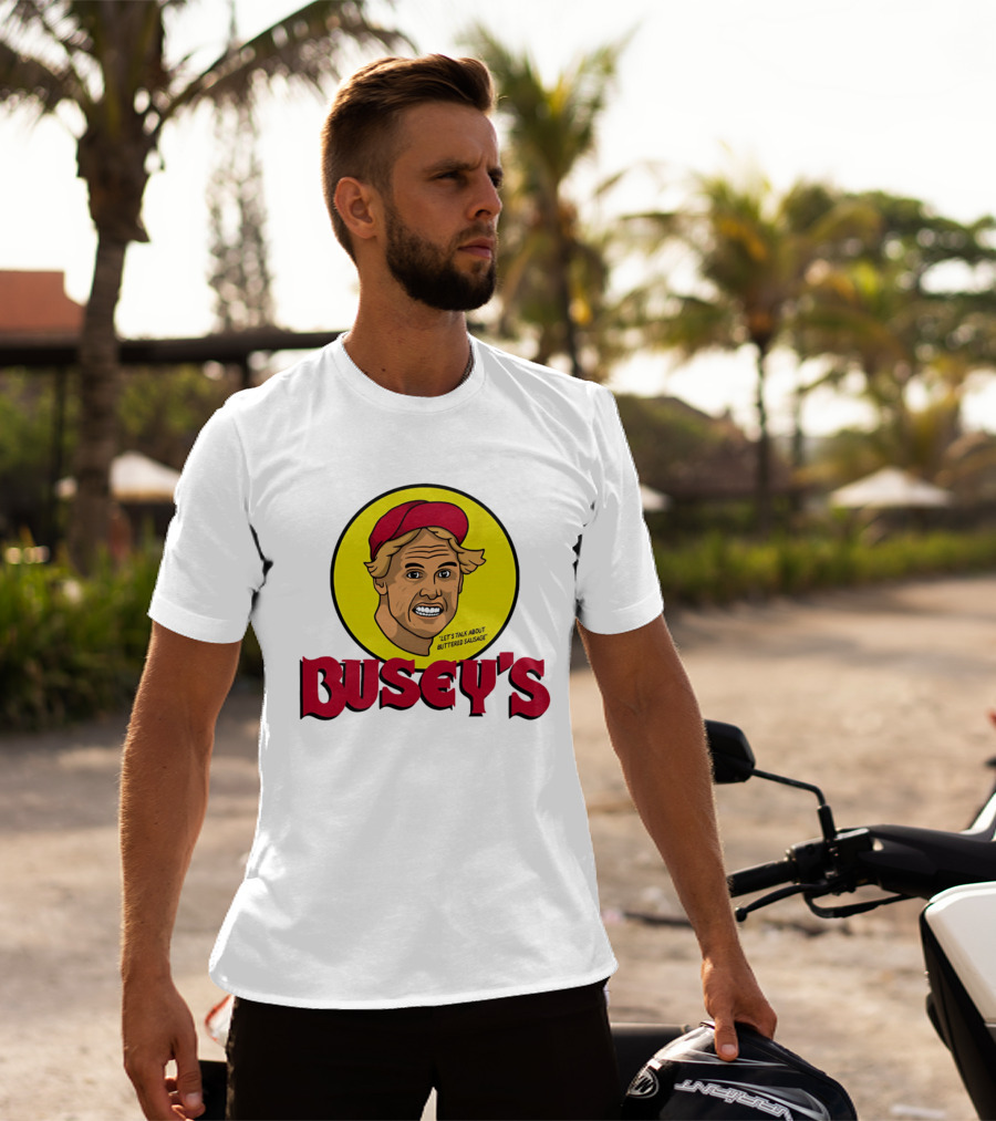 Busey's Let's Talk About Buttered Sausage Gary Busey Red Cap T-Shirt