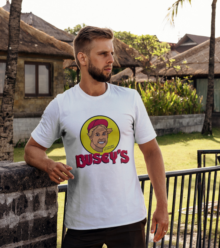 Busey's Let's Talk About Buttered Sausage Gary Busey Red Cap T-Shirt