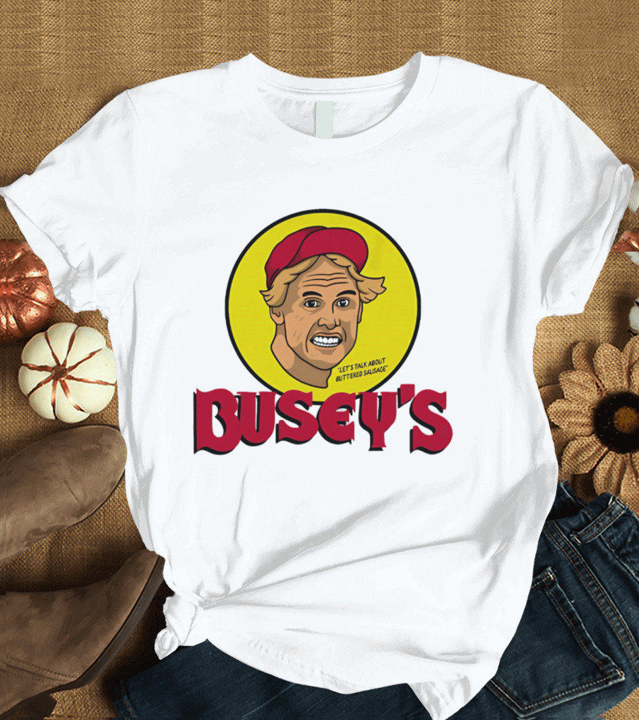 Busey's Let's Talk About Buttered Sausage Gary Busey Red Cap T-Shirt