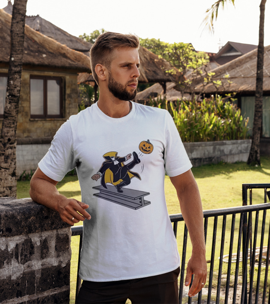 Cartoon Headless Horseman Kicking Jack O Lantern Pumpkin Steel Beam T-Shirt