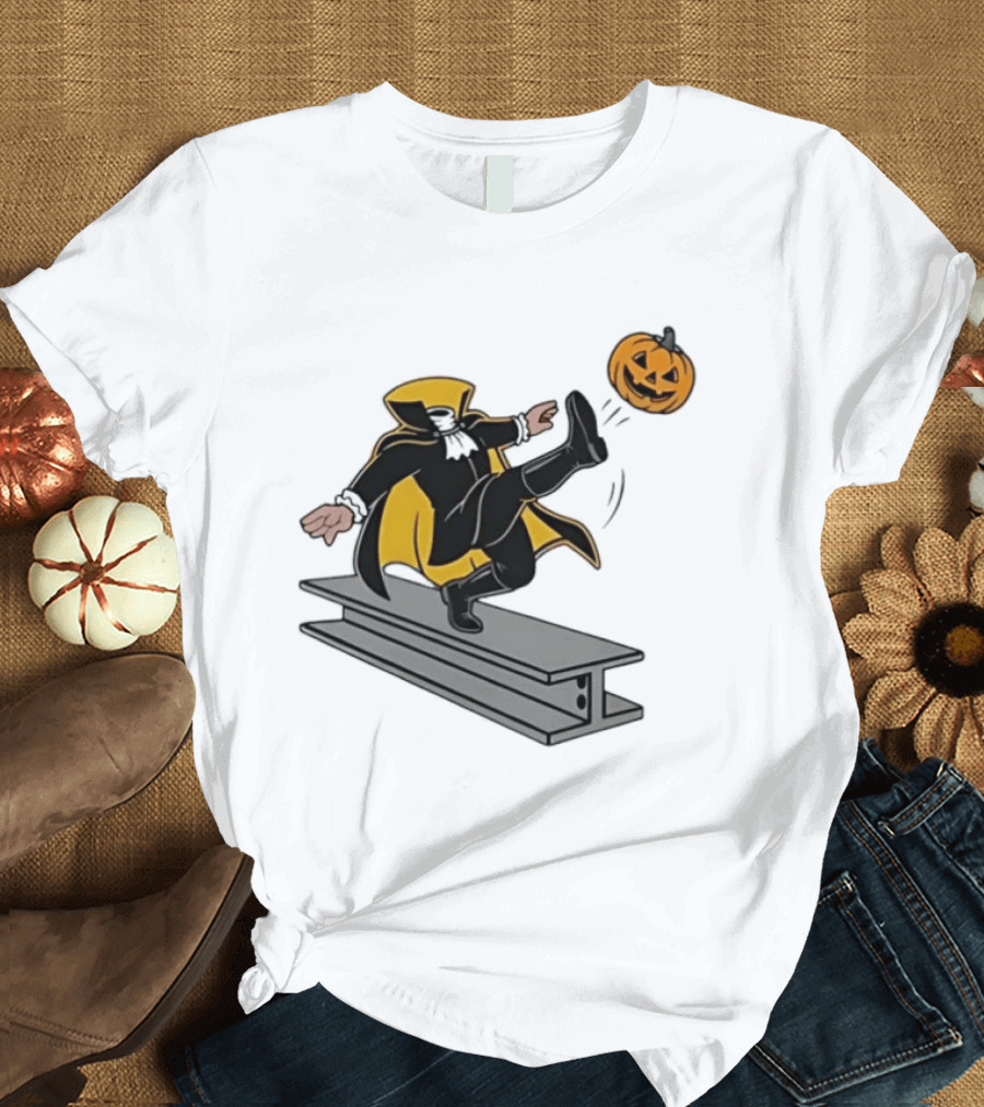 Cartoon Headless Horseman Kicking Jack O Lantern Pumpkin Steel Beam T-Shirt