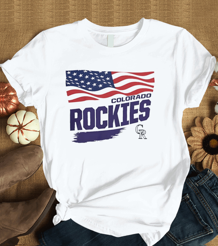 Colorado Rockies MLB American Flag Brush Stroke Waving T-Shirt