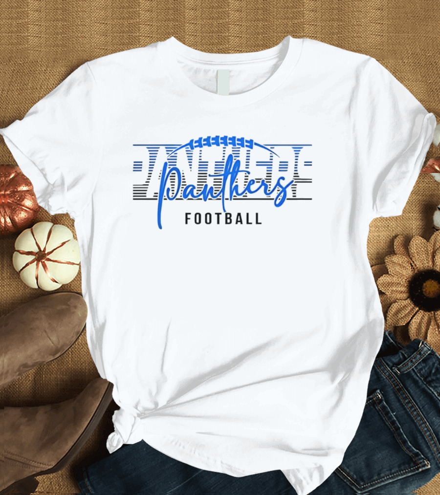 Panthers Football Blue Script Striped Laces Football T-Shirt