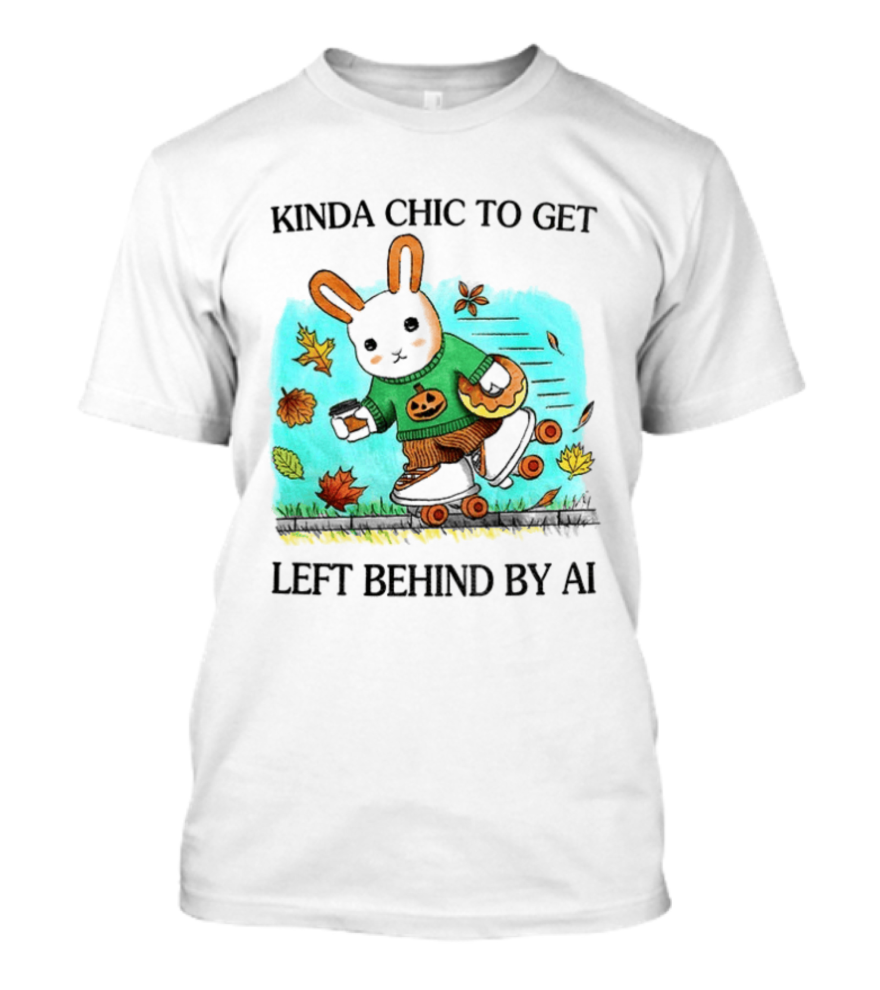 Kinda Chic Rabbit Roller Skating With Pumpkin Happy Fall Leaves Left Behind By AI T-Shirt