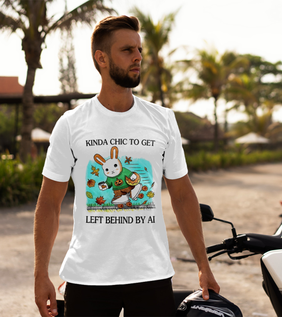 Kinda Chic Rabbit Roller Skating With Pumpkin Happy Fall Leaves Left Behind By AI T-Shirt