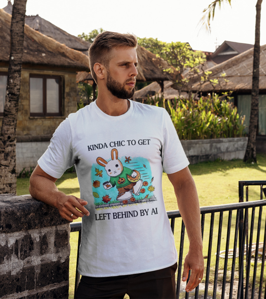 Kinda Chic Rabbit Roller Skating With Pumpkin Happy Fall Leaves Left Behind By AI T-Shirt