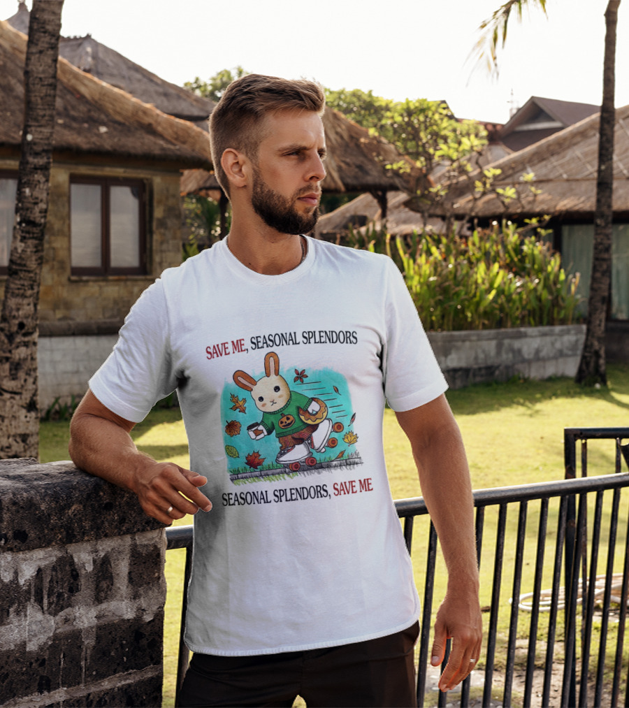 Skater Rabbit With Coffee And Donut Save Me Seasonal Splendors Leaves T-Shirt