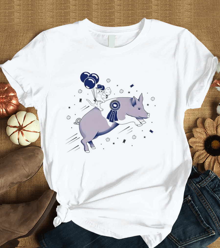 Raygun Cartoon Cowboy Cat Riding Flying Pig With Iowa Ribbon And Balloons T-Shirt
