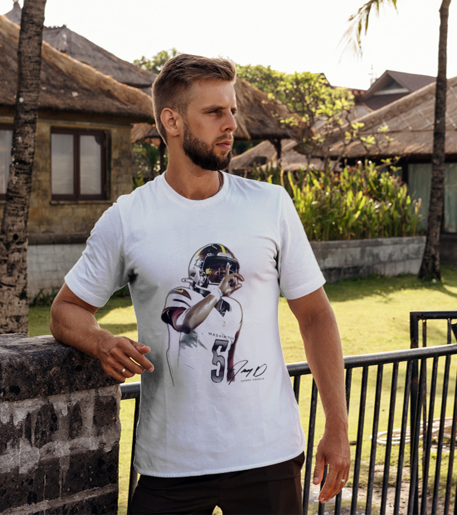 Washington Commanders Jayden Daniels Quarterback Finger To Lips Photo Cutout T-Shirt