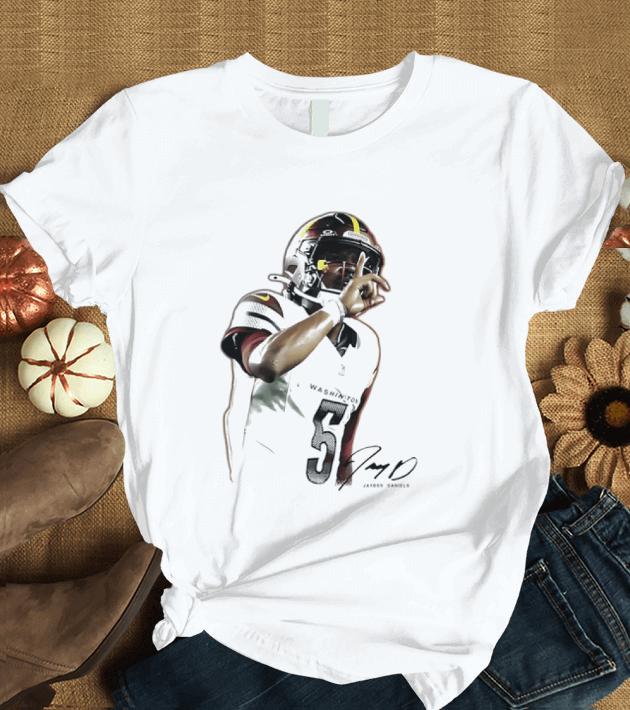 Washington Commanders Jayden Daniels Quarterback Finger To Lips Photo Cutout T-Shirt