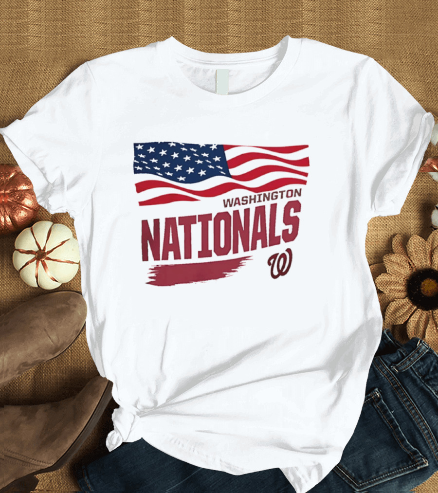 Washington Nationals Waving American Flag Red Brushstroke MLB T-Shirt